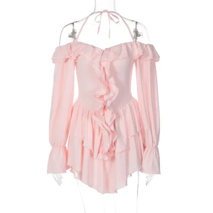 Women Sexy Solid Color Ruffle Neck Long Sleeve Rompers - Image 6