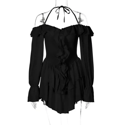 Women Sexy Solid Color Ruffle Neck Long Sleeve Rompers - Image 7
