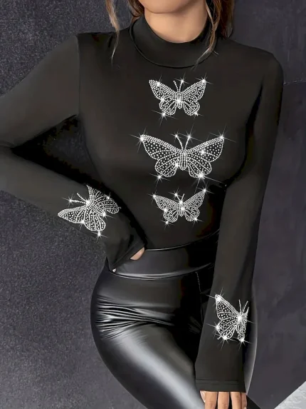 Women Fashion Sexy Butterfly Rhinestone Printed Long Sleeve Tight T-Shirt - Image 4