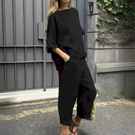 Women Casual Solid Color Loose Shirt And Pants Two-Piece Set - Image 5