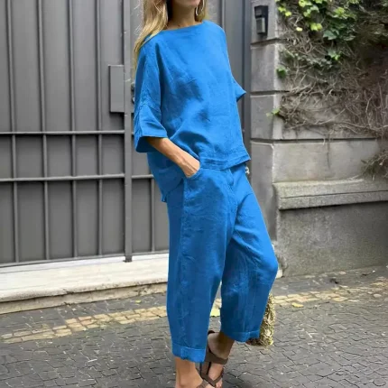Women Casual Solid Color Loose Shirt And Pants Two-Piece Set - Image 7