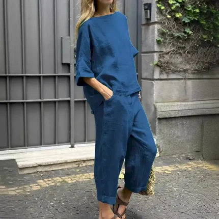 Women Casual Solid Color Loose Shirt And Pants Two-Piece Set - Image 8
